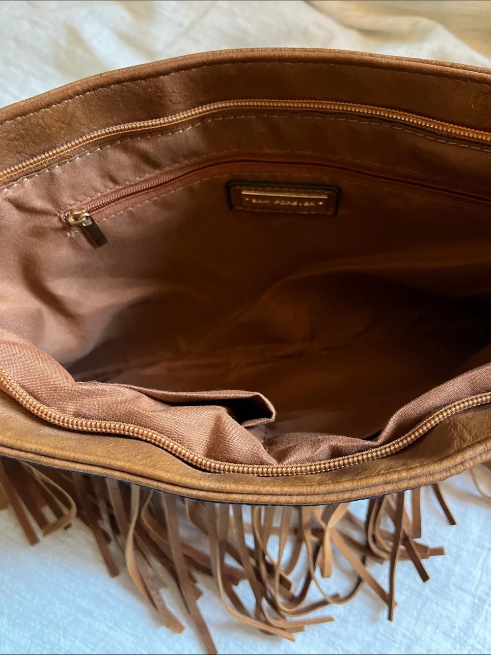 Faux Leather Fringe Crossbody Bag with Embroidered Trim, Like New - Picture 7 of 7